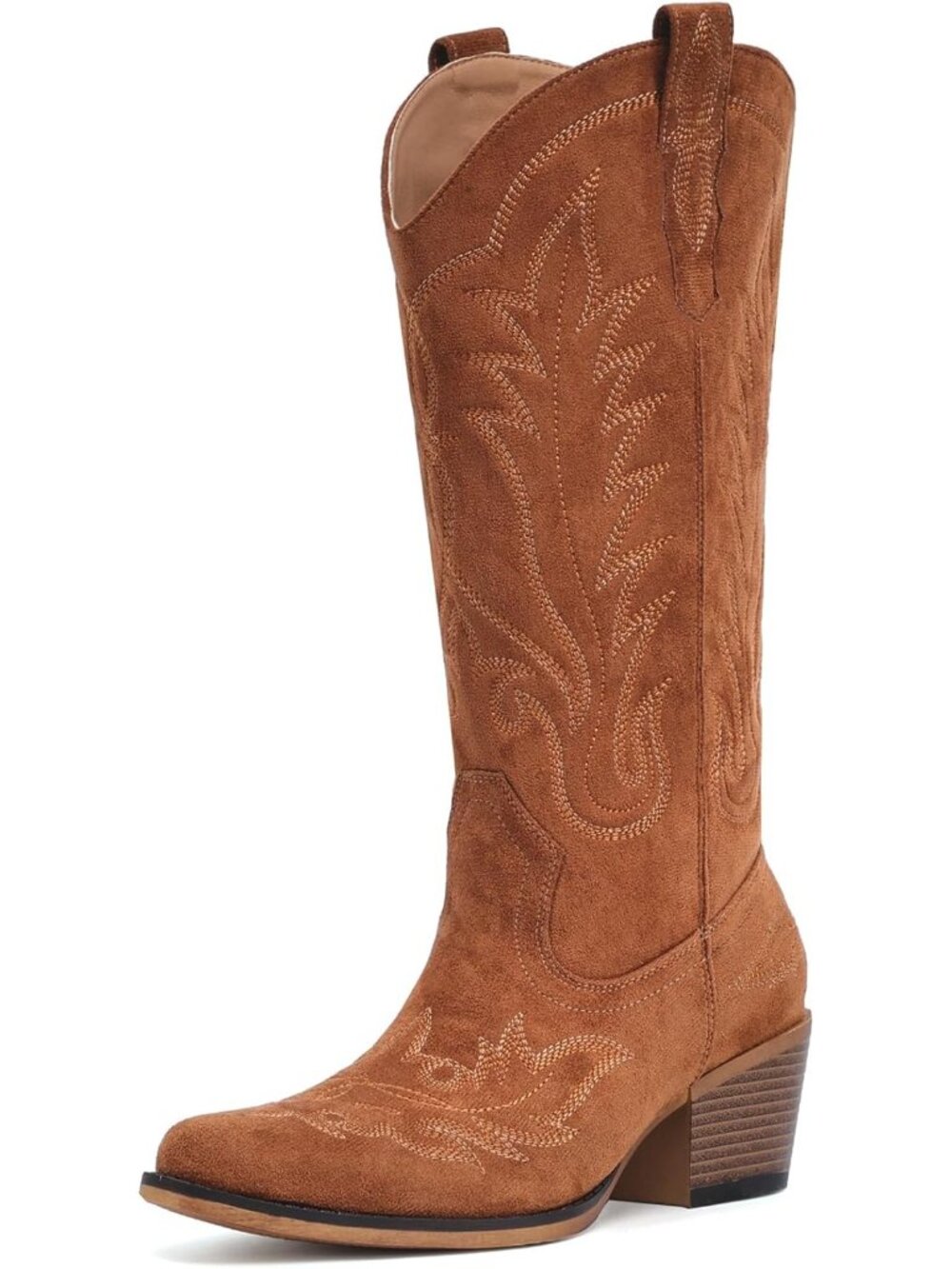 Women Brown Pull-On Western Mid-Calf Cowboy Snip Toe Chunky Block Heel - Picture 4 of 6